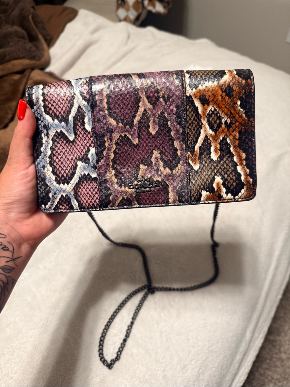 Coach Callie Fold Over Snakeskin Chain Crossbody Wallet — Brown - Picture 3 of 5